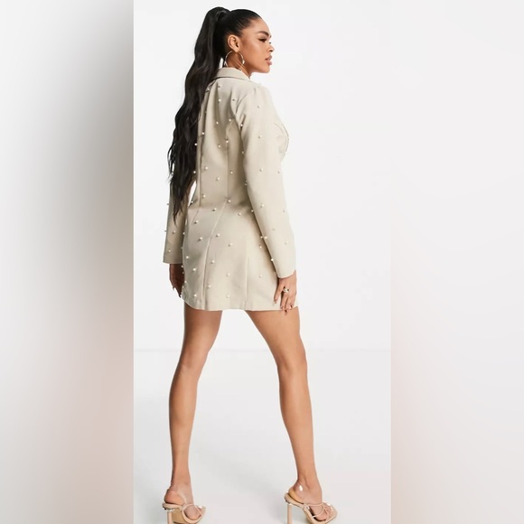 NWT! Saint Genies Pearl Studded Tan Boyfriend Blazer - Embellished - Picture 4 of 16